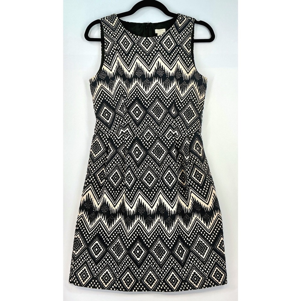 J Crew Dress Sz 6 Black and Cream Geometric Sleeveless Back Zipper Preppy Chic